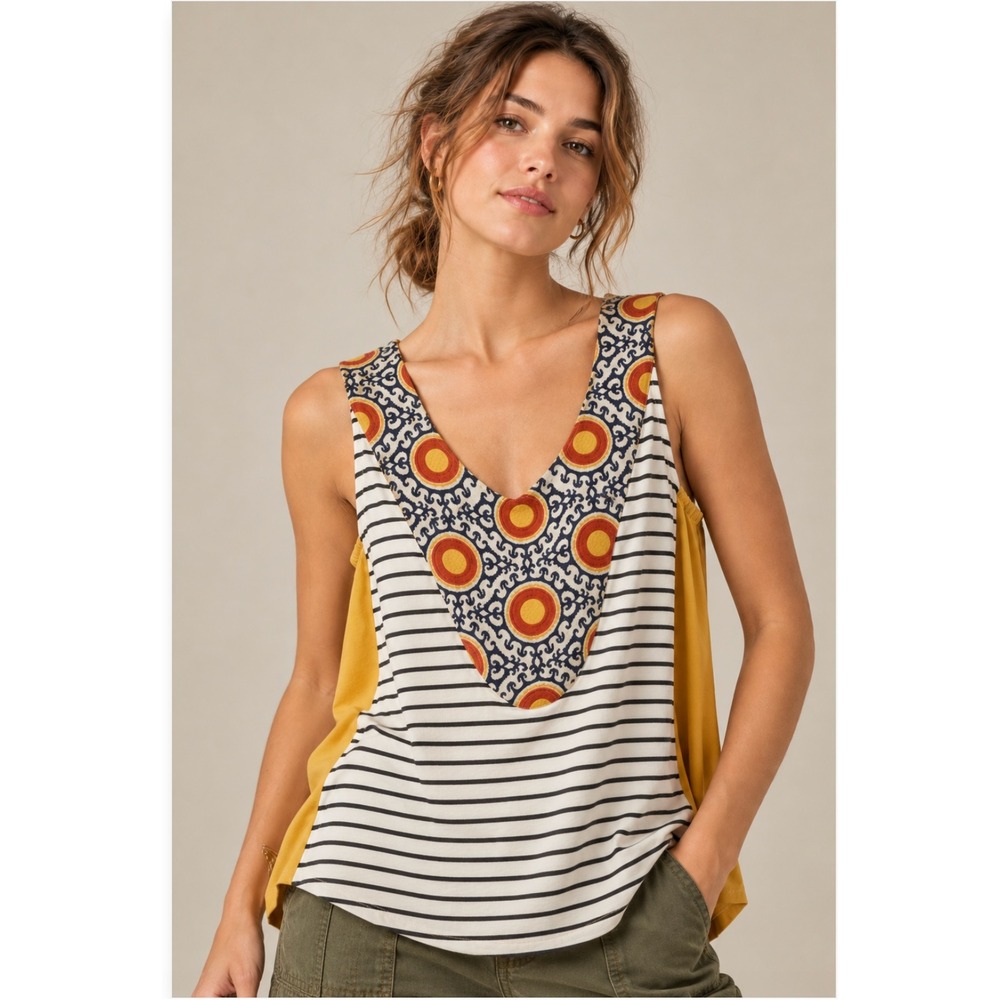 Anthropologie THML Tank Top Medium M Yellow Striped Embroidered Mixed Media Boho